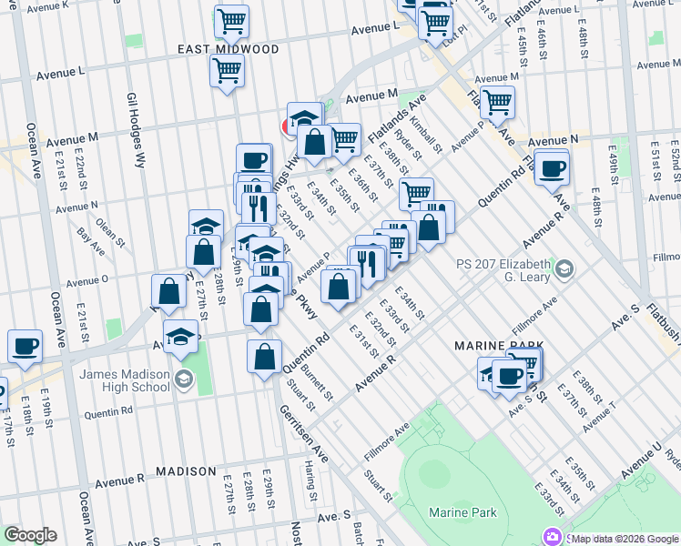 map of restaurants, bars, coffee shops, grocery stores, and more near 1621 East 32nd Street in Brooklyn