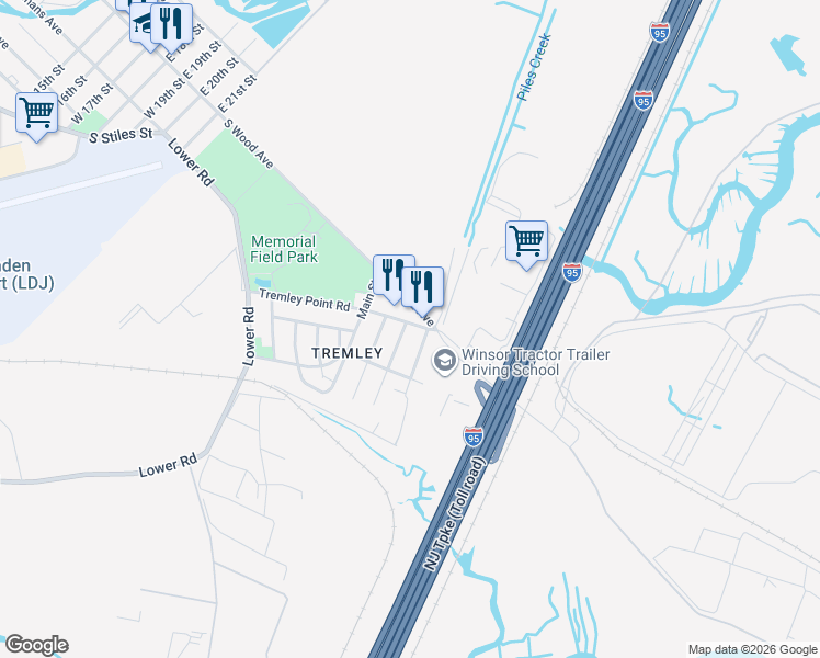 map of restaurants, bars, coffee shops, grocery stores, and more near 3202 Tremley Point Road in Linden