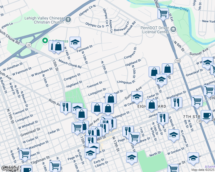 map of restaurants, bars, coffee shops, grocery stores, and more near 1209 Livingston Street in Allentown