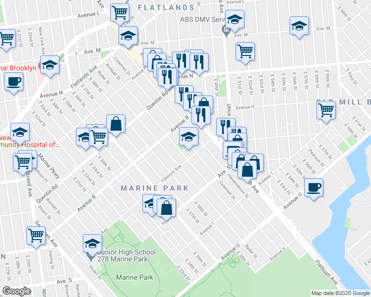 map of restaurants, bars, coffee shops, grocery stores, and more near 4001 Fillmore Avenue in Brooklyn