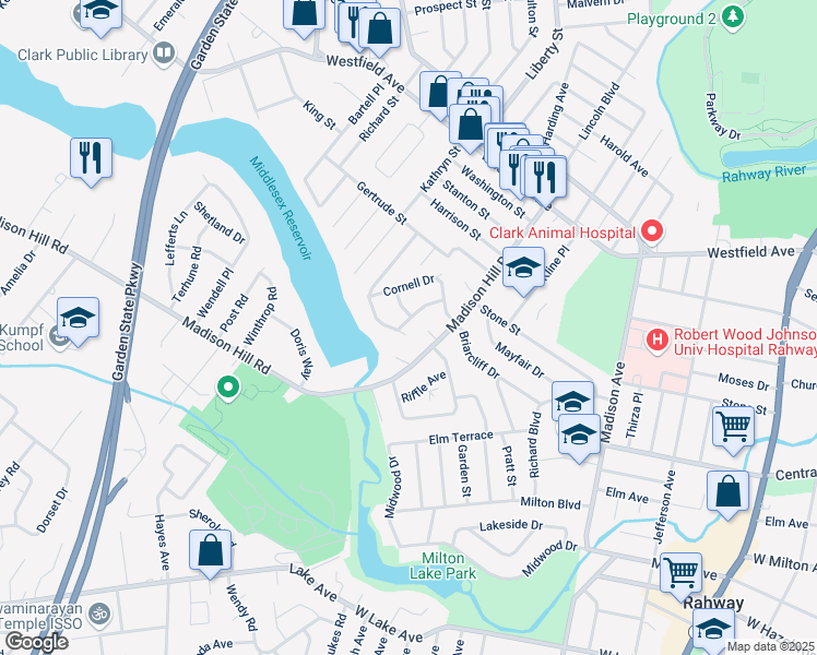map of restaurants, bars, coffee shops, grocery stores, and more near 42 Bradley Road in Clark