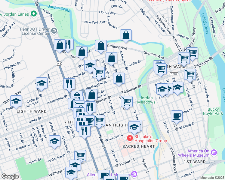 map of restaurants, bars, coffee shops, grocery stores, and more near 416 West Green Street in Allentown