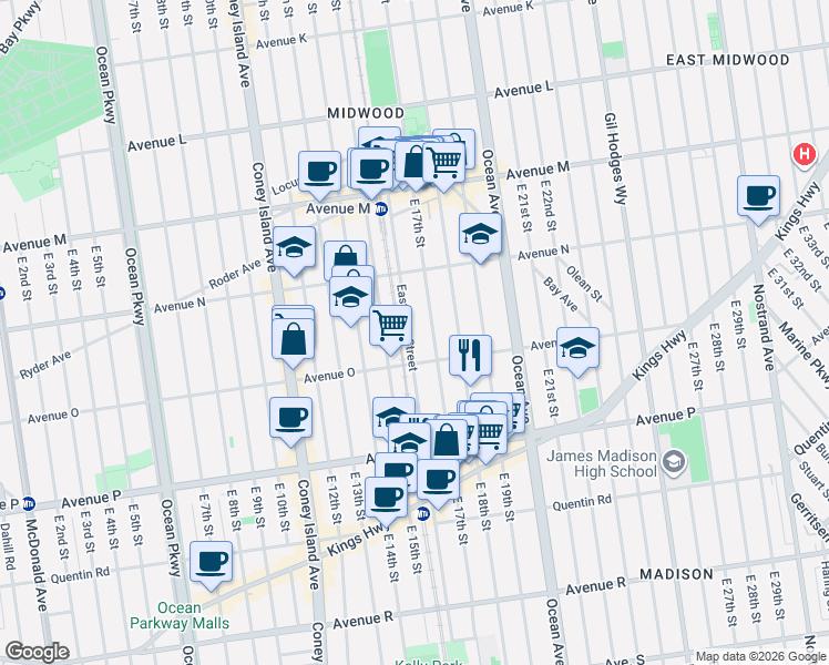 map of restaurants, bars, coffee shops, grocery stores, and more near 1476 East 17th Street in Brooklyn