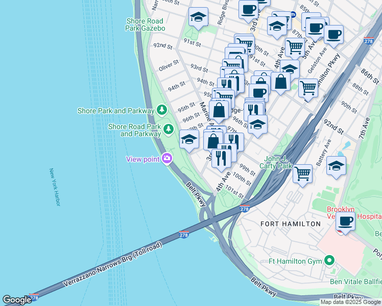 map of restaurants, bars, coffee shops, grocery stores, and more near 101 99th Street in Brooklyn