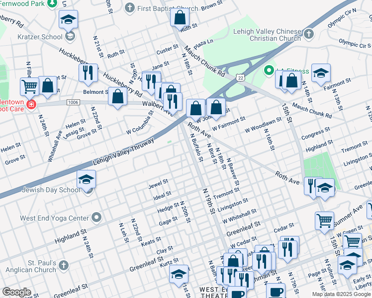 map of restaurants, bars, coffee shops, grocery stores, and more near 1234 North 19th Street in Allentown