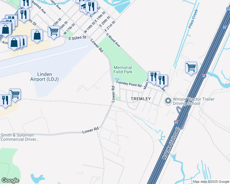 map of restaurants, bars, coffee shops, grocery stores, and more near 207 Lower Road in Linden
