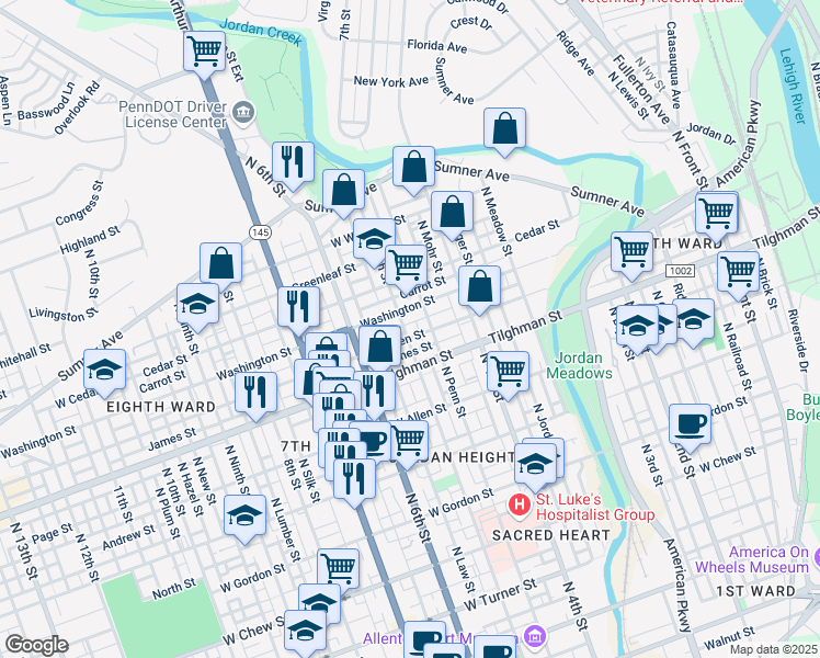 map of restaurants, bars, coffee shops, grocery stores, and more near 737 North 5th Street in Allentown