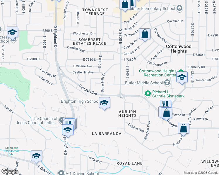 map of restaurants, bars, coffee shops, grocery stores, and more near 7534 South 2300 East in Cottonwood Heights