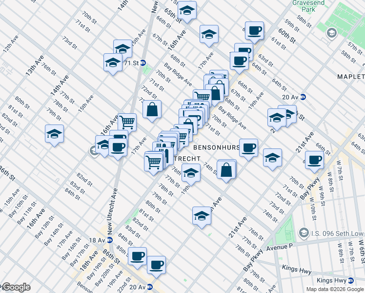 map of restaurants, bars, coffee shops, grocery stores, and more near 18th Ave & 74th St in Brooklyn
