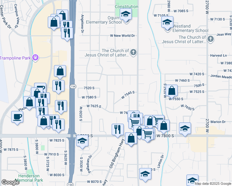 map of restaurants, bars, coffee shops, grocery stores, and more near 7529 Springbrook Drive in West Jordan