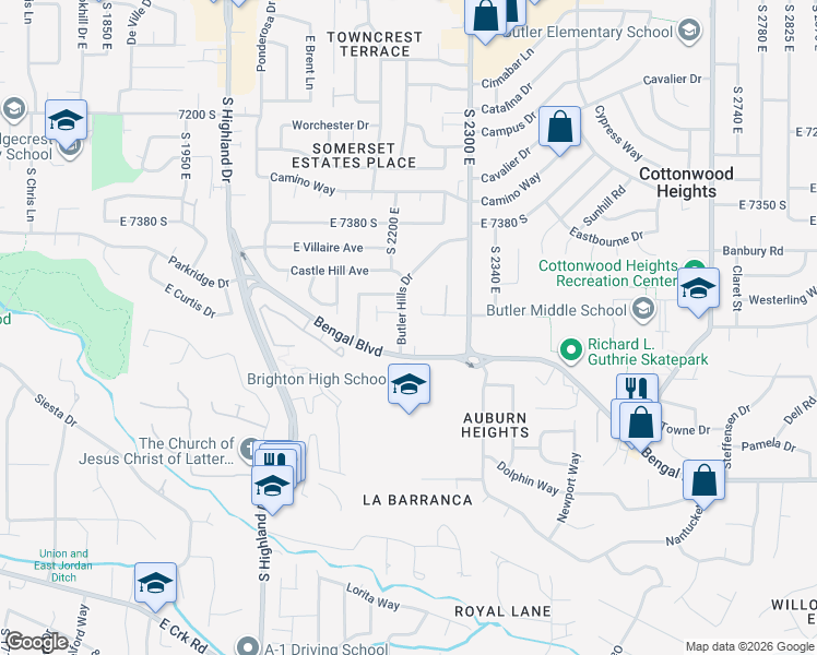 map of restaurants, bars, coffee shops, grocery stores, and more near 7534 South 2300 East in Cottonwood Heights