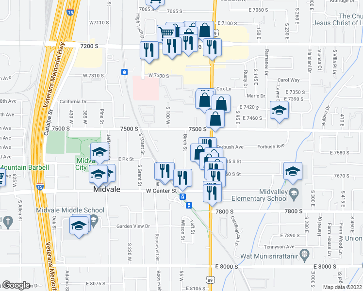 map of restaurants, bars, coffee shops, grocery stores, and more near 97 West 7500 South in Midvale