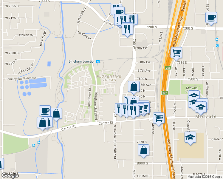 map of restaurants, bars, coffee shops, grocery stores, and more near 7534 Russi Place in Midvale