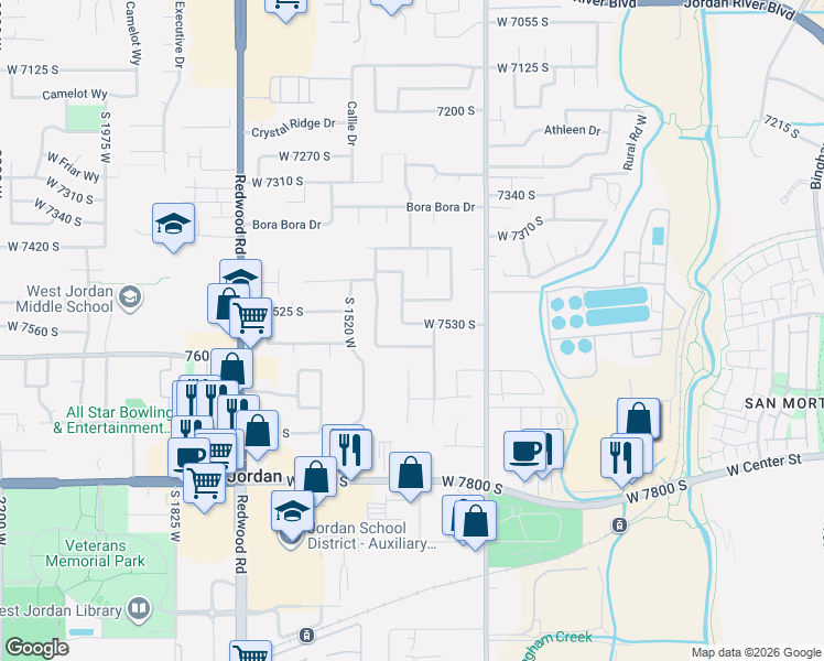 map of restaurants, bars, coffee shops, grocery stores, and more near 1397 Highland Hollow Drive in West Jordan