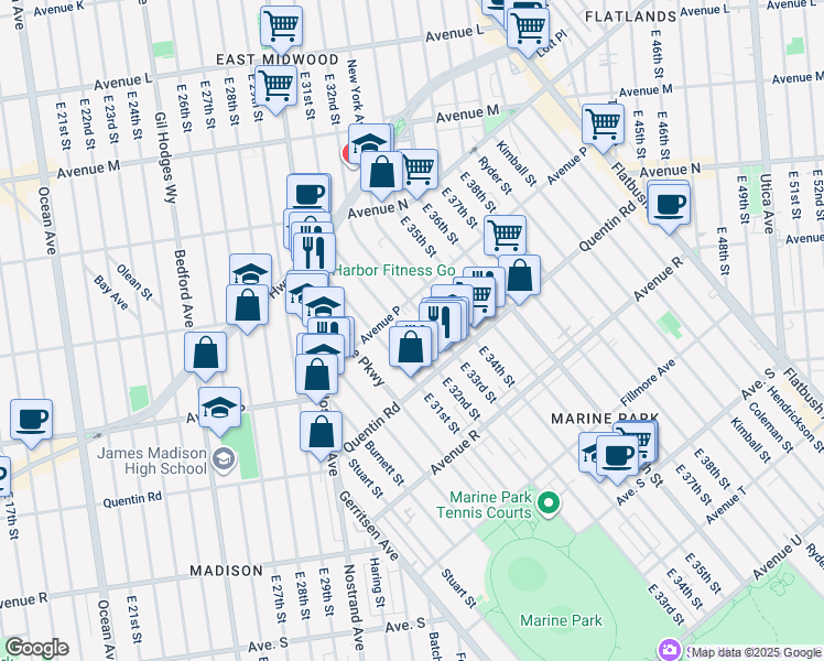 map of restaurants, bars, coffee shops, grocery stores, and more near 1621 East 32nd Street in Brooklyn