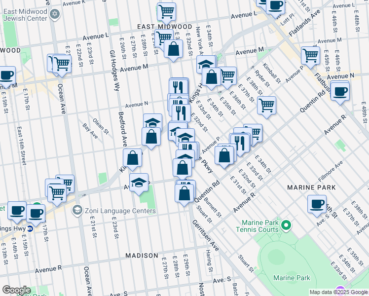 map of restaurants, bars, coffee shops, grocery stores, and more near 1552 Marine Parkway in Brooklyn