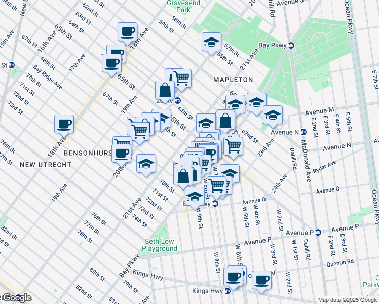 map of restaurants, bars, coffee shops, grocery stores, and more near 2107 67th Street in Brooklyn