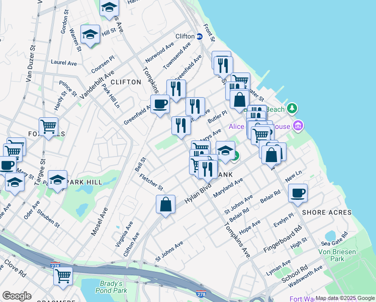 map of restaurants, bars, coffee shops, grocery stores, and more near 173 Saint Marys Avenue in Staten Island