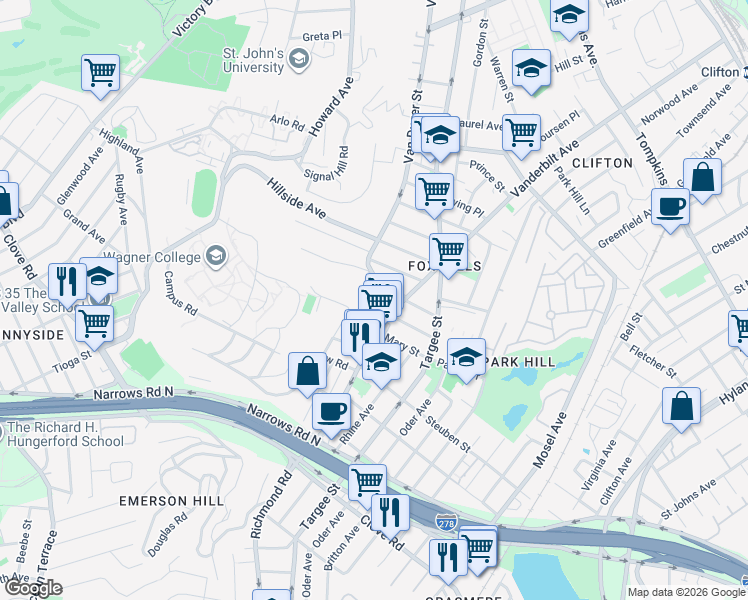 map of restaurants, bars, coffee shops, grocery stores, and more near 1032 Van Duzer Street in Staten Island