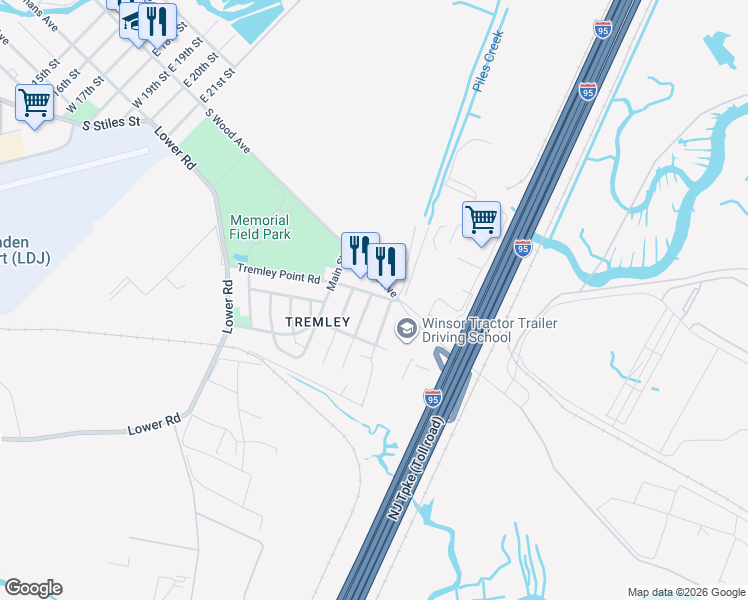 map of restaurants, bars, coffee shops, grocery stores, and more near 3202 Tremley Point Road in Linden