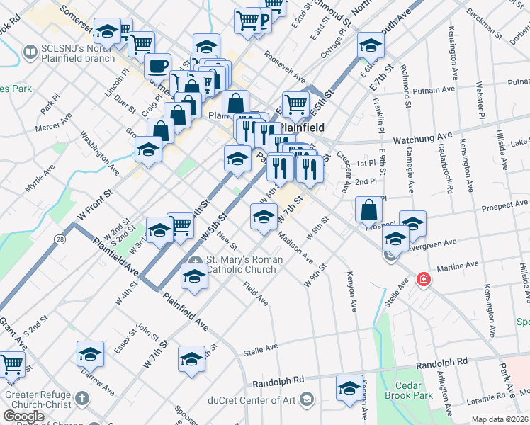 map of restaurants, bars, coffee shops, grocery stores, and more near 607 Madison Avenue in Plainfield