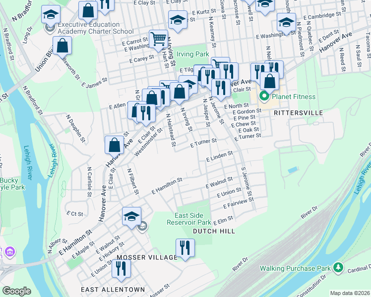 map of restaurants, bars, coffee shops, grocery stores, and more near 832 East Turner Street in Allentown