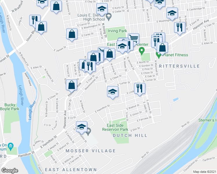 map of restaurants, bars, coffee shops, grocery stores, and more near 731-749 East Turner Street in Allentown