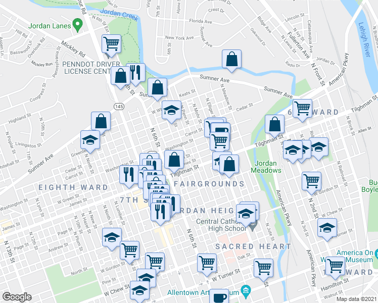 map of restaurants, bars, coffee shops, grocery stores, and more near 737 North 5th Street in Allentown