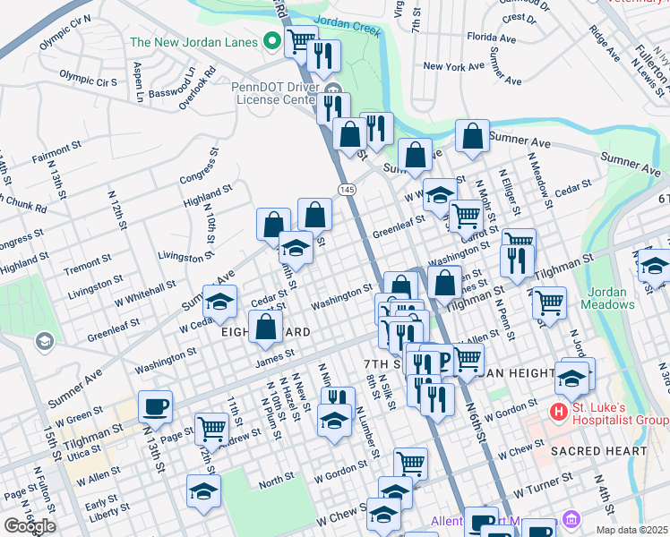 map of restaurants, bars, coffee shops, grocery stores, and more near 733 Cedar Street in Allentown