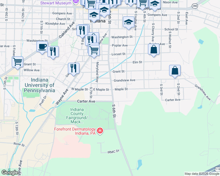 map of restaurants, bars, coffee shops, grocery stores, and more near 598 South 6th Street in Indiana