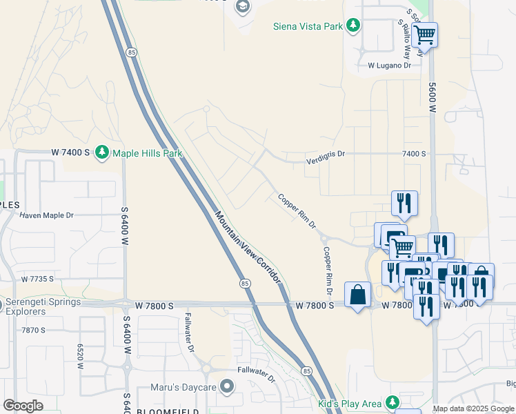 map of restaurants, bars, coffee shops, grocery stores, and more near 6052 West Sapphire Street in West Jordan