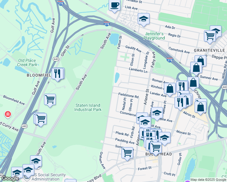 map of restaurants, bars, coffee shops, grocery stores, and more near 3 Fieldstone Road in Staten Island