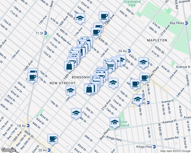 map of restaurants, bars, coffee shops, grocery stores, and more near 1937 71st Street in Brooklyn