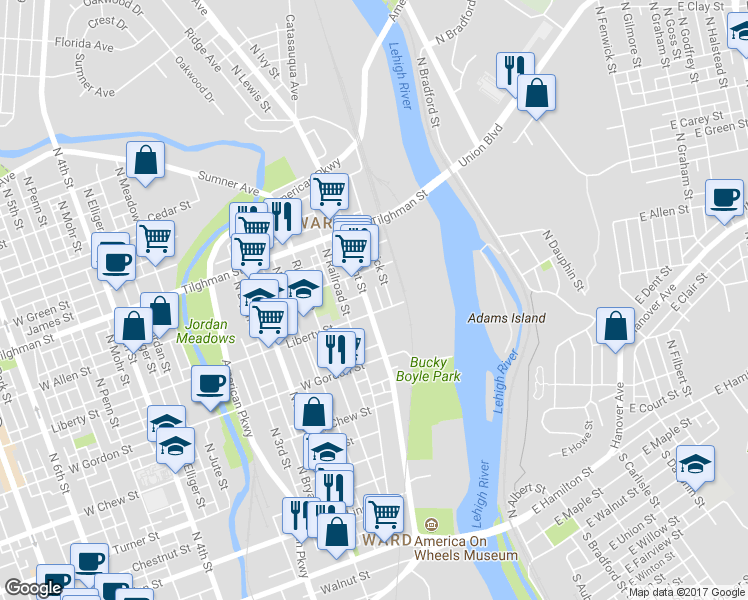 map of restaurants, bars, coffee shops, grocery stores, and more near 513 N Front St in Allentown