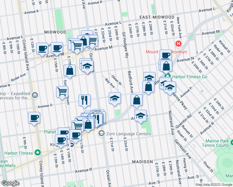 map of restaurants, bars, coffee shops, grocery stores, and more near 2219 Avenue O in Brooklyn