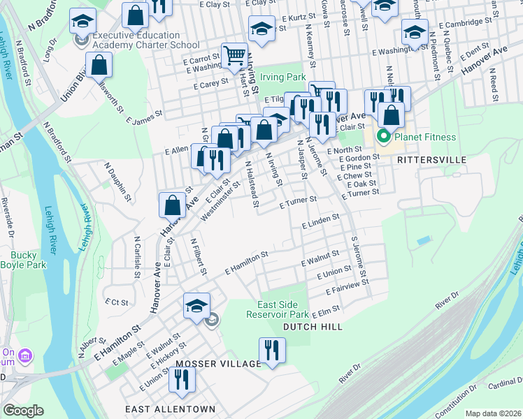 map of restaurants, bars, coffee shops, grocery stores, and more near 731-749 East Turner Street in Allentown