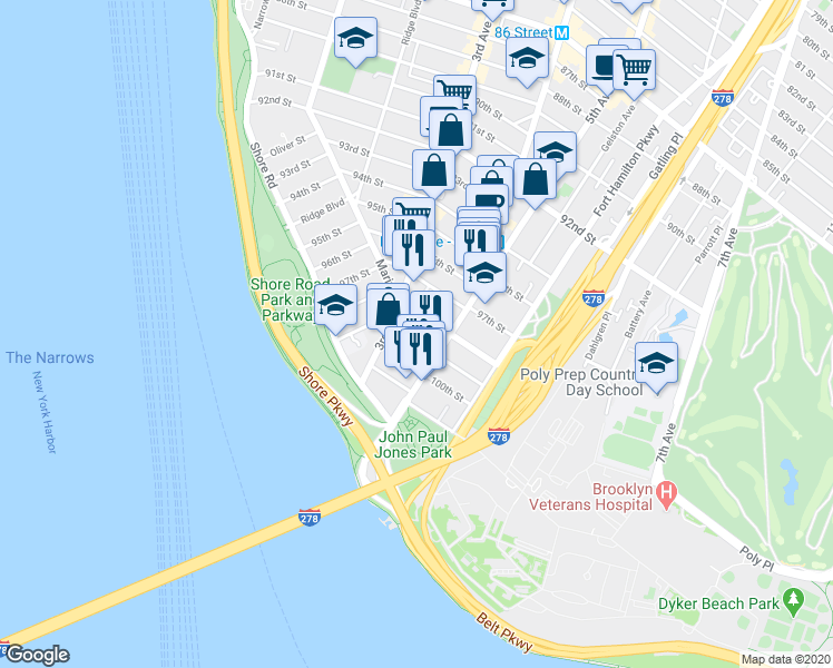 map of restaurants, bars, coffee shops, grocery stores, and more near 329 99th Street in Brooklyn
