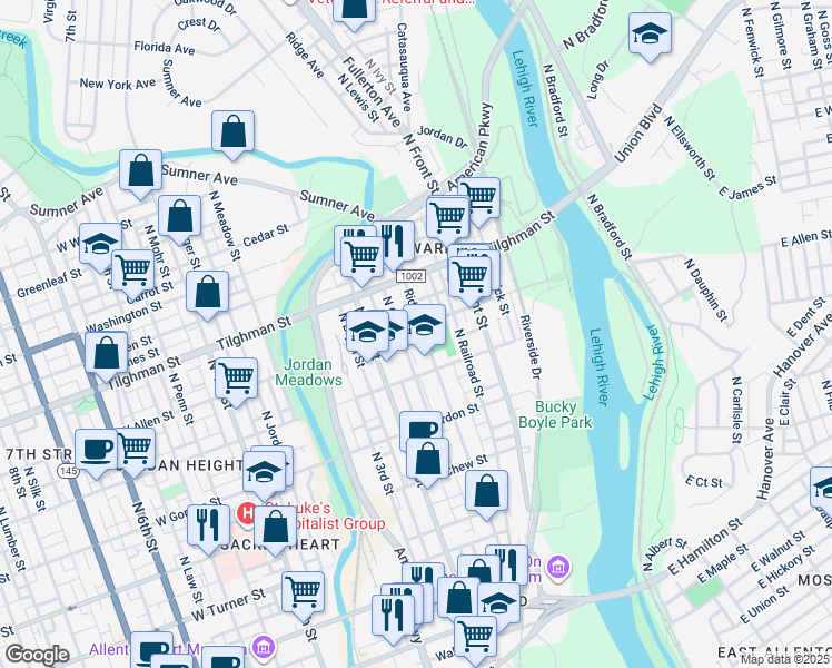map of restaurants, bars, coffee shops, grocery stores, and more near 544 Ridge Ave in Allentown