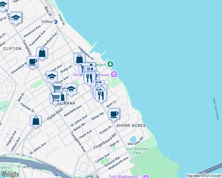 map of restaurants, bars, coffee shops, grocery stores, and more near 58 Maryland Avenue in Staten Island