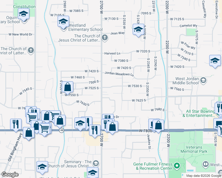 map of restaurants, bars, coffee shops, grocery stores, and more near 2629 West 7530 South in West Jordan