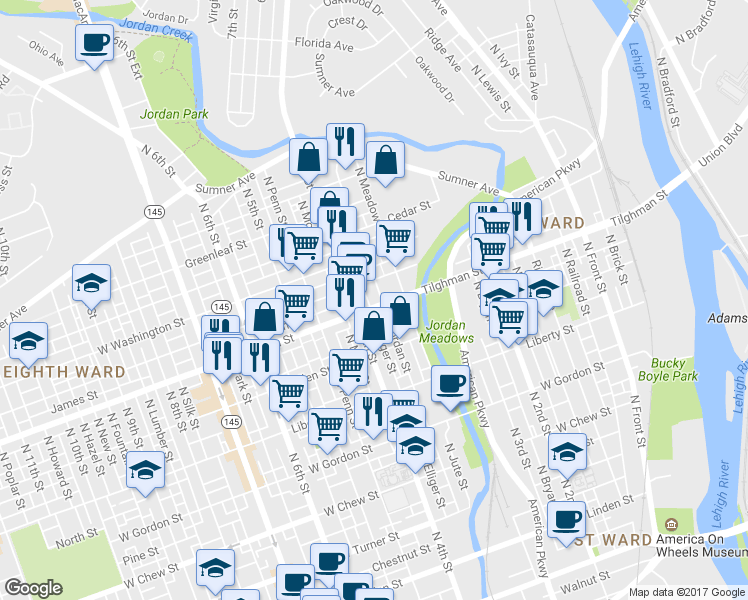 map of restaurants, bars, coffee shops, grocery stores, and more near 708 North Jordan Street in Allentown