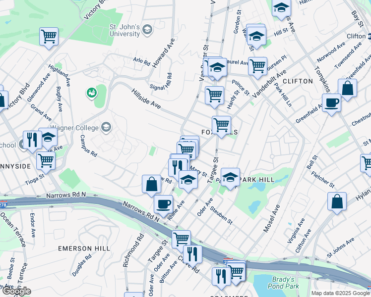 map of restaurants, bars, coffee shops, grocery stores, and more near 1032 Van Duzer Street in Staten Island