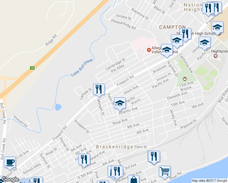 map of restaurants, bars, coffee shops, grocery stores, and more near 1058 Broadview Blvd in Brackenridge