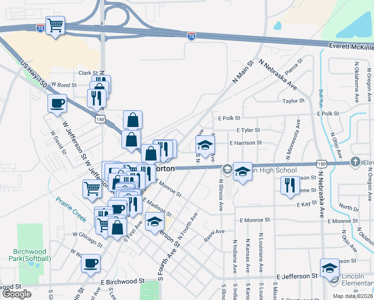 map of restaurants, bars, coffee shops, grocery stores, and more near 123 East Van Buren Street in Morton