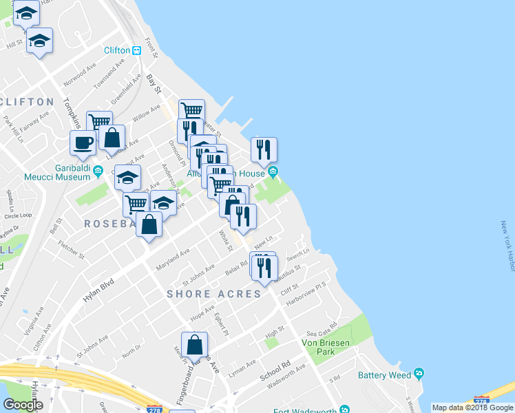 map of restaurants, bars, coffee shops, grocery stores, and more near 58 Maryland Avenue in Staten Island