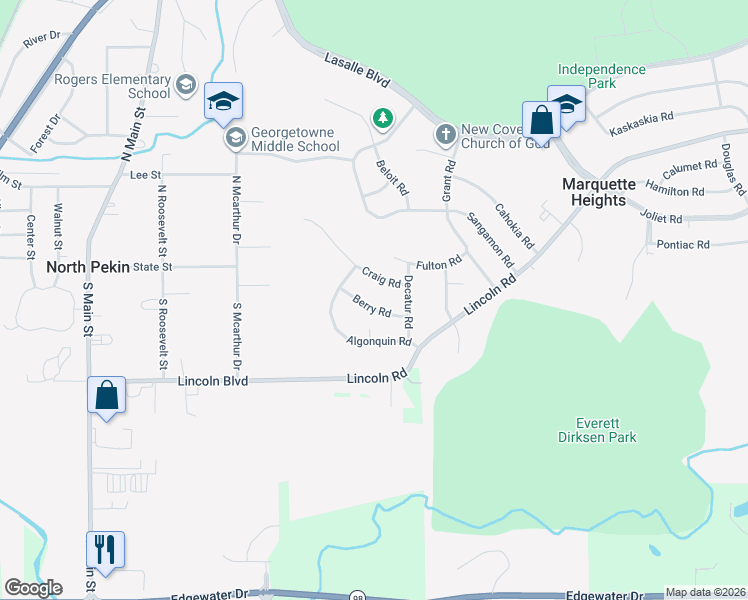 map of restaurants, bars, coffee shops, grocery stores, and more near 111 Berry Road in Marquette Heights