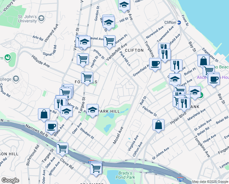 map of restaurants, bars, coffee shops, grocery stores, and more near 91 Long Pond Lane in Staten Island