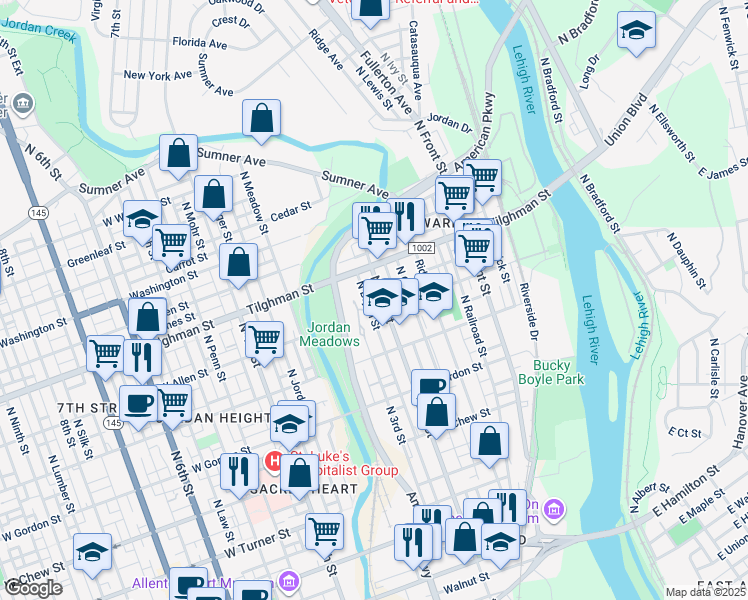 map of restaurants, bars, coffee shops, grocery stores, and more near 612 North 2nd Street in Allentown