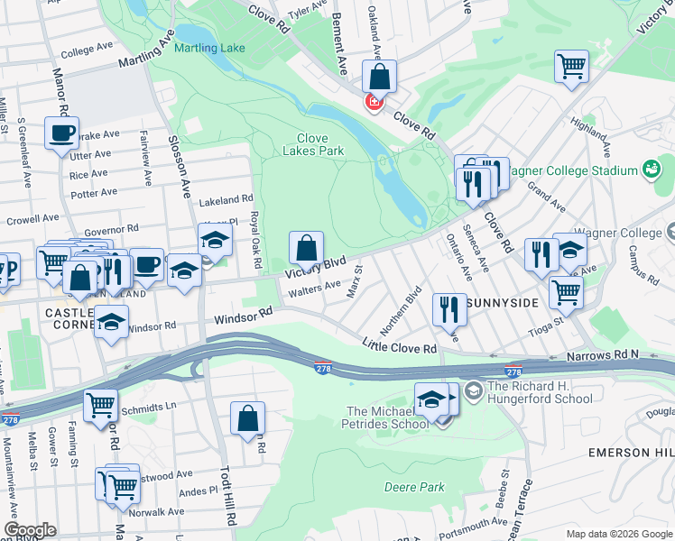 map of restaurants, bars, coffee shops, grocery stores, and more near 1408 Victory Boulevard in Staten Island