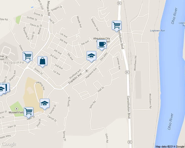 map of restaurants, bars, coffee shops, grocery stores, and more near 533 Highland Ave in Aliquippa